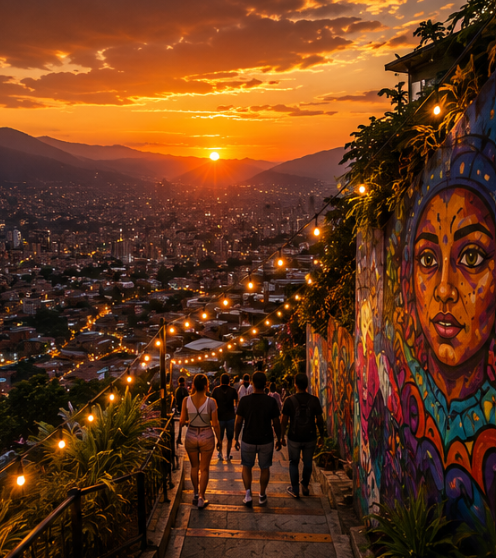Medellín sunset view from Comuna 13 with guests enjoying the overlook